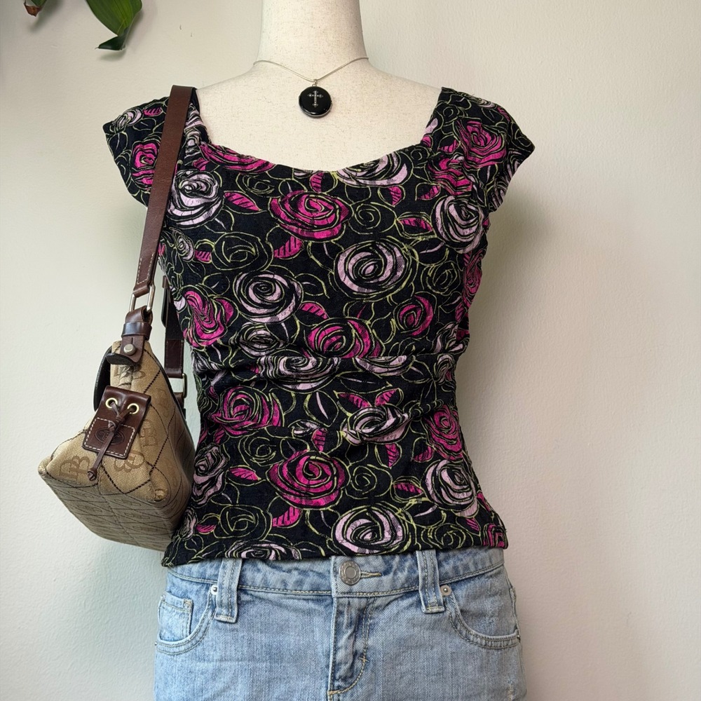 90s Pink Rose Mesh Top Cap Sleeve Square Neck INC Vintage whimsigoth femme retro